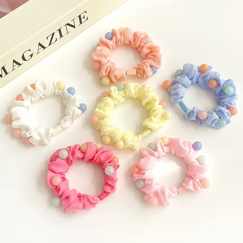 Zoete Geplooide Stof Scrunchies Gekleurde Hars Kralen Paardenstaart Houder Snoep Kleur Haarelastiekjes Voor Vrouwen Meisjes Accessoires