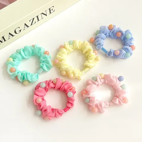 Zoete Geplooide Stof Scrunchies Gekleurde Hars Kralen Paardenstaart Houder Snoep Kleur Haarelastiekjes Voor Vrouwen Meisjes Accessoires