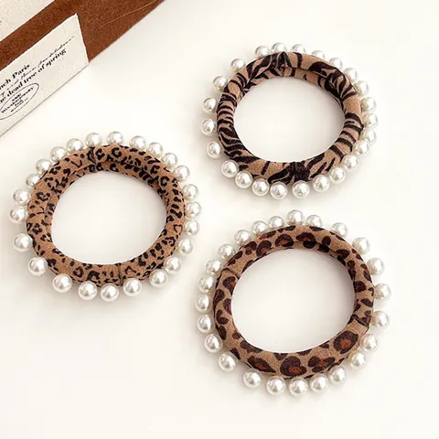 Elegant Leopard Print Imitation Pearl Hair Tie High Elasticity Nylon Scrunchies Fashion Zebra Stripe Hair Accessories For Women