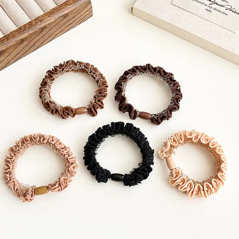 Korean Style Ruffled Fabric Scrunchies Decorative Oval Bead Elastic Hair Ties Pleated Ponytail Holders For Women Hair Accessories