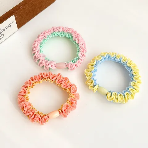 Korean Sweet Color Blocking Ruffle Scrunchie With Plastic Bead High Elastic Ponytail Holder Fabric Hair Tie For Women Girls Daily Hair Accessories