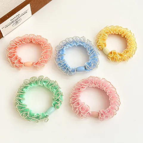 Chouchou in Organza Stile Coreano Con Bordo Metallico E Perla Di Plastica Elastico Per Capelli Colorato Porta Coda Di Cavallo