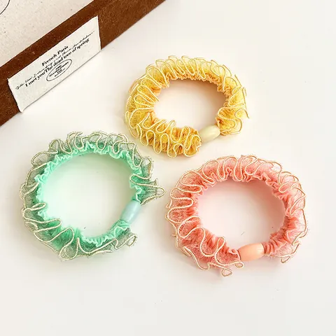 Chouchou in Organza Stile Coreano Con Bordo Metallico E Perla Di Plastica Elastico Per Capelli Colorato Porta Coda Di Cavallo