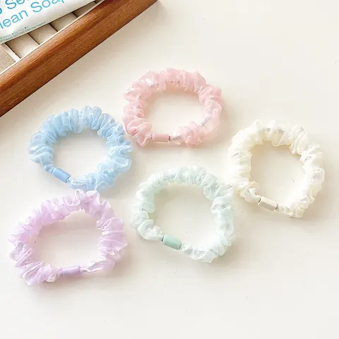 Sweet Korean Pearlescent Organza Scrunchie For Women Girls Pleated Floral Heart Print Elastic Hair Ties Macaron Ponytail Holder