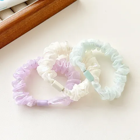 Sweet Korean Pearlescent Organza Scrunchie For Women Girls Pleated Floral Heart Print Elastic Hair Ties Macaron Ponytail Holder