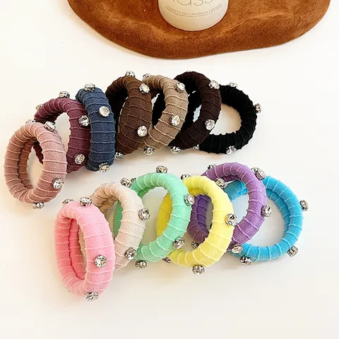 Chouchous en Tissu Nervuré Épais à Haute Élasticité Coréenne Avec Strass Attaches Cheveux en Nylon Durables pour Femmes Filles Accessoires de Cheveux Quotidiens