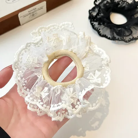 Eleganter Französischer Vintage Doppellagiger Spitze Scrunchie Hochelastisches Haargummi Blumenkante Pferdeschwanzhalter Damen Haarschmuck