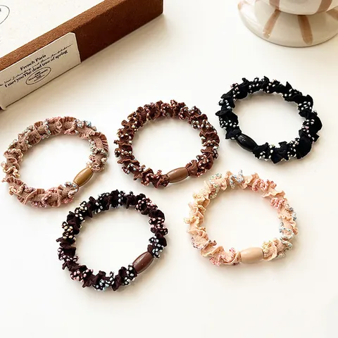 Korean Style High Elastic Pleated Hair Ring With Colorful Beads Scalloped Edge Hair Tie Durable Ponytail Holder For Women