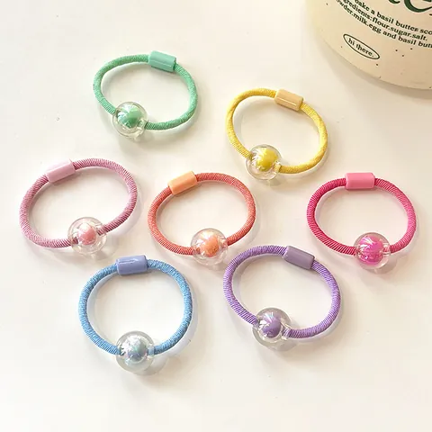 Candy Color Children Hair Ties High Elastic Nylon Hair Rings With Transparent Beads For Kids Girls Cute Ponytail Holders