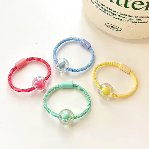 Candy Color Children Hair Ties High Elastic Nylon Hair Rings With Transparent Beads For Kids Girls Cute Ponytail Holders