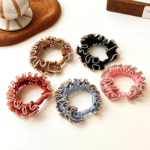 Korean Style Ruffle Scrunchies With Lace Gold Trim High Elastic Fabric Hair Tie Ponytail Holder For Women Accessories