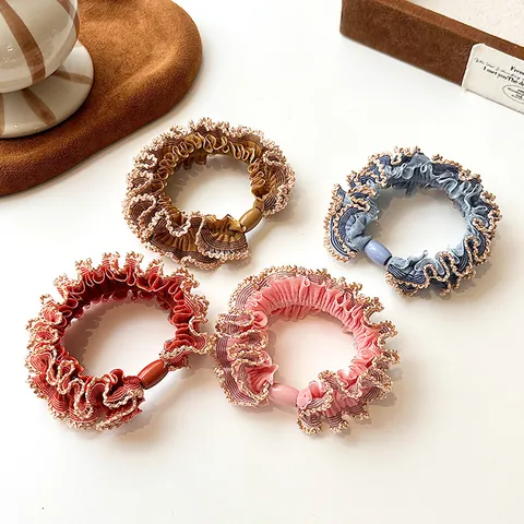 Korean Style Ruffle Scrunchies With Lace Gold Trim High Elastic Fabric Hair Tie Ponytail Holder For Women Accessories