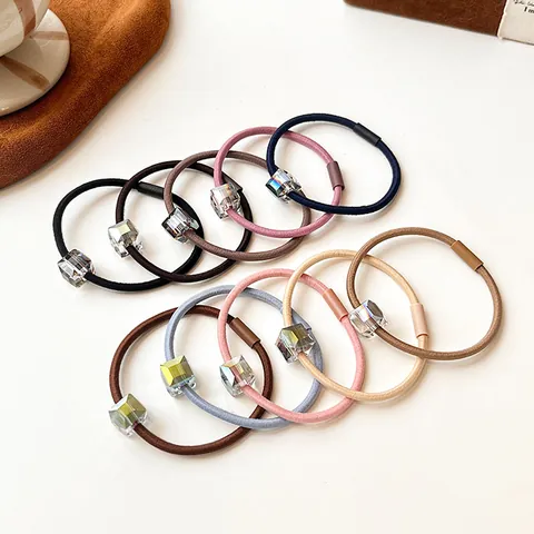 Korean Style High Elastic Hair Tie For Women Minimalist Crystal Cube Bead Hair Rope Durable Non-Slip Ponytail Holder Accessory