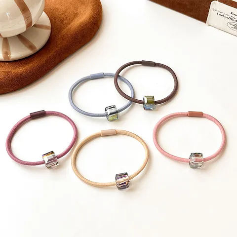 Korean Style High Elastic Hair Tie For Women Minimalist Crystal Cube Bead Hair Rope Durable Non-Slip Ponytail Holder Accessory