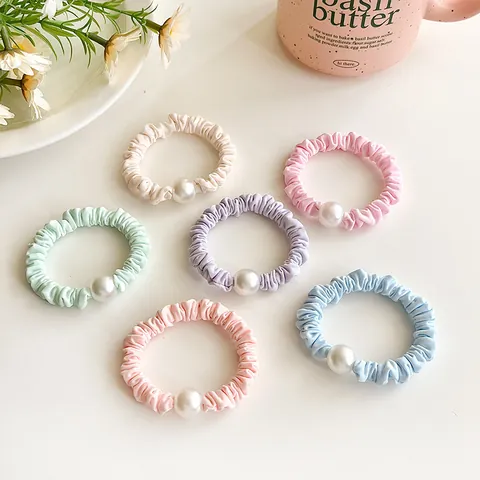 Elegant Ruched Fabric Hair Scrunchies Decorated With Large Faux Artificial Pearl Sweet Macaron Colors Elastic Hair Ties For Women Girls