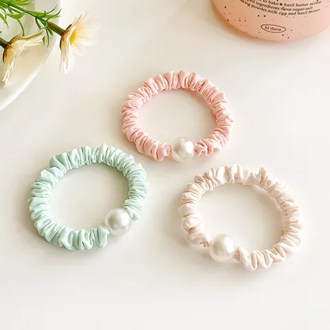 Elegant Ruched Fabric Hair Scrunchies Decorated With Large Faux Artificial Pearl Sweet Macaron Colors Elastic Hair Ties For Women Girls