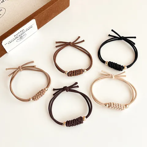Koreaanse Stijl Hoge Elasticiteit Gevlochten Geknoopte Haarelastiekjes Voor Vrouwen Haarbanden Met Gouden Kralen Handgemaakte Haaraccessoires
