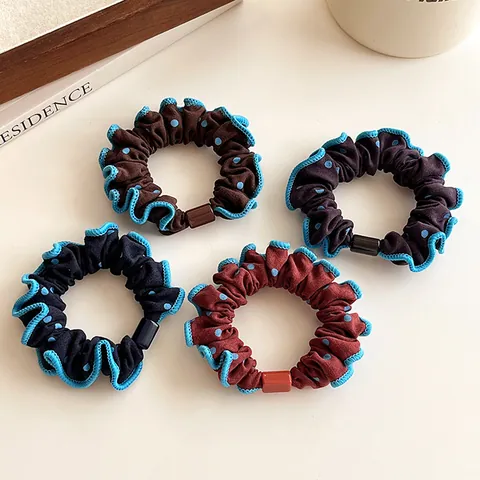 Polka Dot Ruffled Hair Scrunchies Korean Vintage Elastic Ponytail Holder Fabric Hair Ties With Decorative Buckle For Women