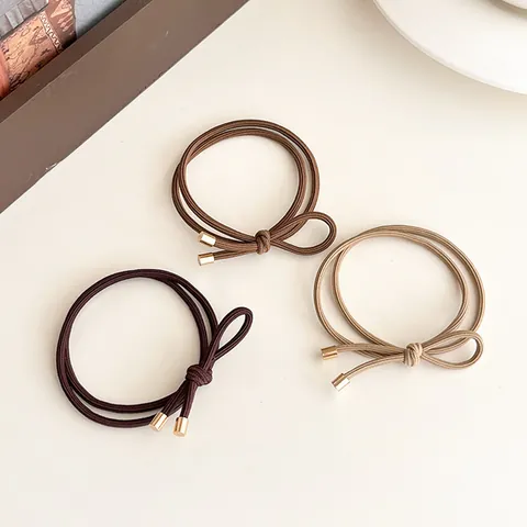 Women High Elastic Hair Tie Minimalist Bow Knot Hair Rope With Metal Cap Nylon Earthy Tone Scrunchies For Daily Use