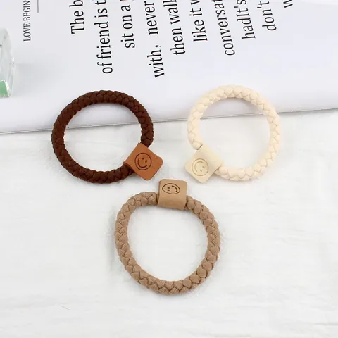 Korean Style Braided Fabric Elastic Hair Ties For Women Vintage Hair Rings With Smiley Face Patch Hair Accessories