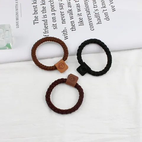 Korean Style Braided Fabric Elastic Hair Ties For Women Vintage Hair Rings With Smiley Face Patch Hair Accessories