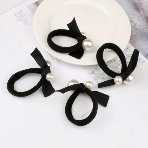 Eleganter Schwarzer Satin Schleife Haargummi Mit Künstlicher Künstliche Perle Hochelastisches Scrunchie Für Damen Mädchen Ponytail Halter Haarschmuck