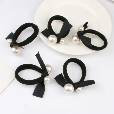 Eleganter Schwarzer Satin Schleife Haargummi Mit Künstlicher Künstliche Perle Hochelastisches Scrunchie Für Damen Mädchen Ponytail Halter Haarschmuck