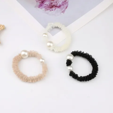 Coletero Plisado de Malla Elegante Estilo Coreano Con Perlas Artificiales de Imitación Lazo para el Cabello de Alta Elasticidad para Mujer
