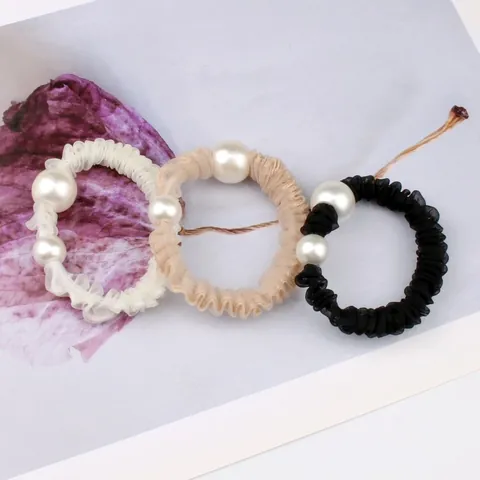 Coletero Plisado de Malla Elegante Estilo Coreano Con Perlas Artificiales de Imitación Lazo para el Cabello de Alta Elasticidad para Mujer
