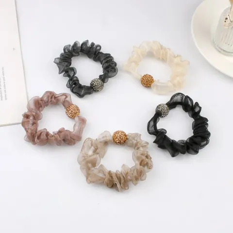 Korean Style Elegant Mesh Scrunchie With Rhinestone Ball High Elastic Hair Tie For Women Girls Hair Accessories