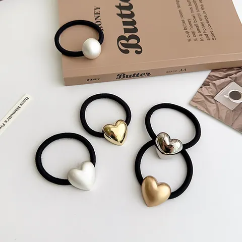 Koreanisches Vintage Herz Haargummi Minimalistisch Hochelastisches Gummiband Gold Silber Herzform Ponytail Halter Damen Haarschmuck