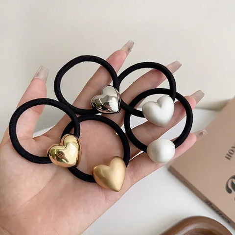 Koreanisches Vintage Herz Haargummi Minimalistisch Hochelastisches Gummiband Gold Silber Herzform Ponytail Halter Damen Haarschmuck
