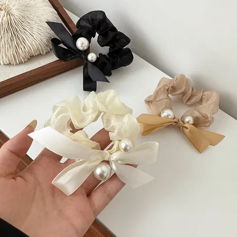 French Vintage Organza Large Scrunchie With Satin Bow And Faux Pearls Korean Style Elegant Pleated Elastic Hair Tie For Women
