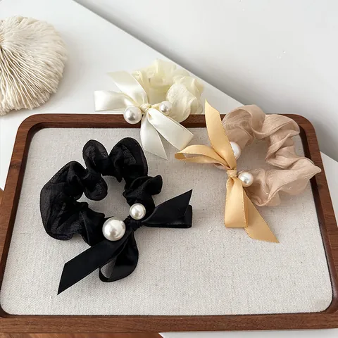 French Vintage Organza Large Scrunchie With Satin Bow And Faux Pearls Korean Style Elegant Pleated Elastic Hair Tie For Women