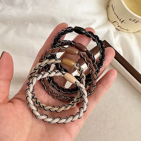 Korean Style Braided Hair Ties For Women High Elasticity Contrast Color Twist Hair Rings With Resin Bead Ponytail Holder