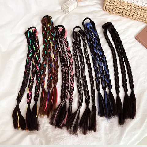 Extension Queue de Cheval Tressée Avec Élastique Cheveux Fibre Synthétique Tresse Trois Brins Mèches Colorées Accessoires Cheveux Femmes Styling Fête