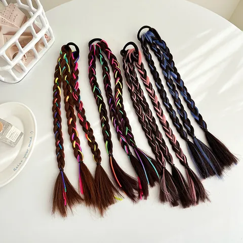 Extension Queue de Cheval Tressée Avec Élastique Cheveux Fibre Synthétique Tresse Trois Brins Mèches Colorées Accessoires Cheveux Femmes Styling Fête