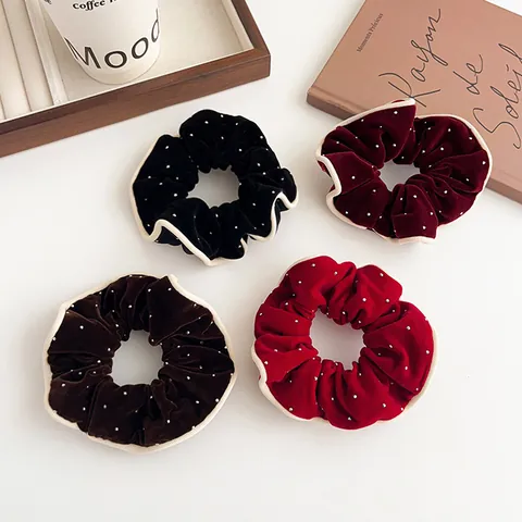 French Vintage Velvet Scrunchies High Elastic Rhinestone Hair Ties With Contrast Edge Elegant Hair Accessories For Women Girls Gift