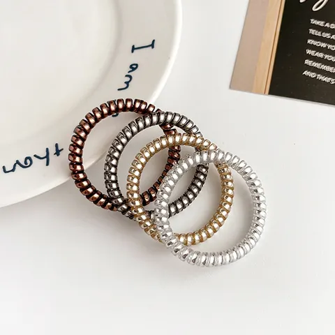 Coleteros de Espiral de Cordón de Teléfono con Textura Metálica Alta Elasticidad Sin Rastro Plástico Para Mujer Accesorios de Cabello