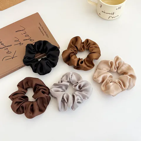 Chouchous en Satin Vintage Français pour Femmes Élastiques à Cheveux Plissés Élégants Couleur Unie Support de Queue de Cheval Accessoires de Cheveux de Mode