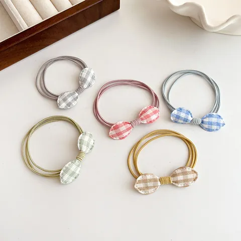 Women Sweet Plaid Bowknot Hair Tie High Elastic Rubber Band Korean Style Fabric Checkered Ponytail Holder Hair Accessory