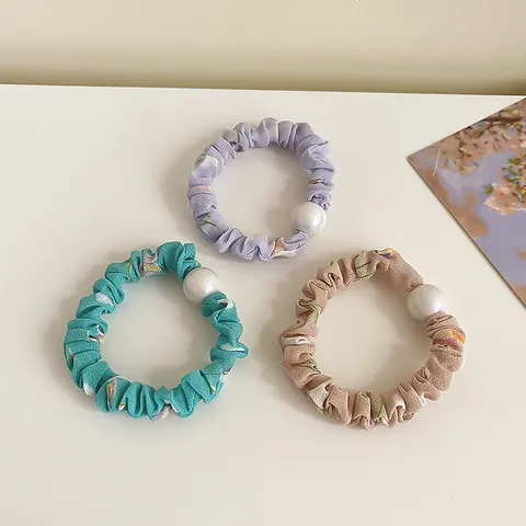 Koreaanse Stijl Chiffon Haarelastiekjes Met Bloemenprint En Imitatie Parel Elastische Haaraccessoires Voor Vrouwen