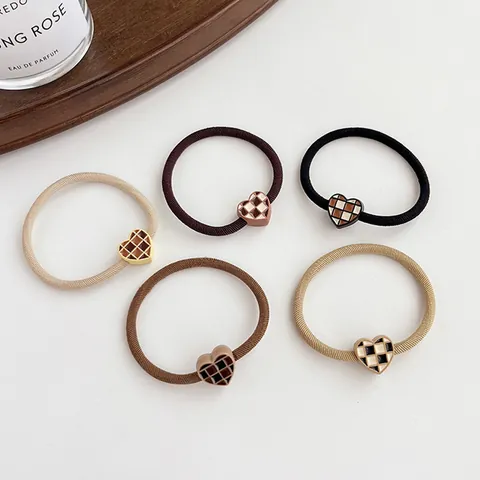 Korean Style Minimalist Heart Checkered Hair Ties High Elasticity Ponytail Holders Retro Grid Pattern Hair Bands For Women