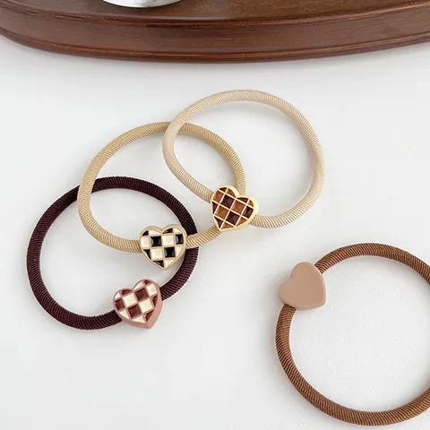 Korean Style Minimalist Heart Checkered Hair Ties High Elasticity Ponytail Holders Retro Grid Pattern Hair Bands For Women
