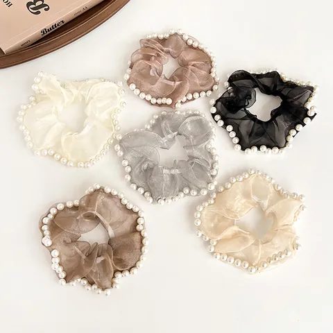Elegant French Organza Artificial Pearl Scrunchies Mesh Hair Ties For Women Vintage Aesthetic Artificial Pearls Hair Accessories For Daily Dating