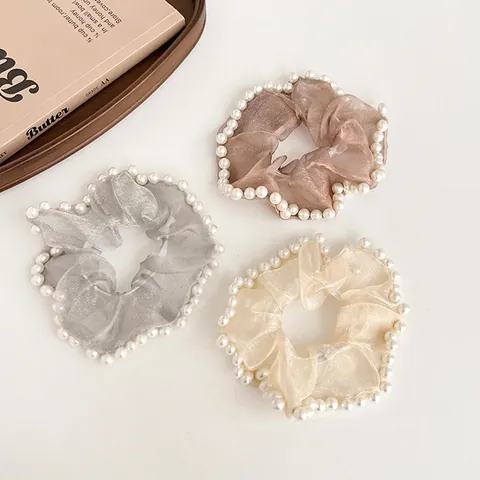 Elegant French Organza Artificial Pearl Scrunchies Mesh Hair Ties For Women Vintage Aesthetic Artificial Pearls Hair Accessories For Daily Dating