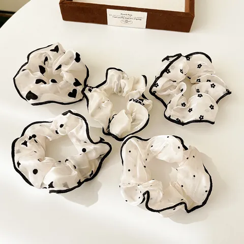 French Vintage Organza Scrunchies For Women Polka Dot Floral Heart Rose Pattern Large Hair Ties Black Trim Hair Accessories