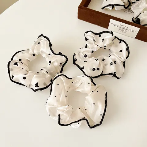 French Vintage Organza Scrunchies For Women Polka Dot Floral Heart Rose Pattern Large Hair Ties Black Trim Hair Accessories