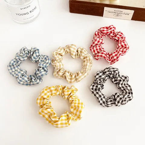 Sweet Gingham Plaid Scrunchies Fabric Pleated Hair Bands Checkered Elastic Hair Ties Pony Tail Holders For Women Girls Hair Accessories