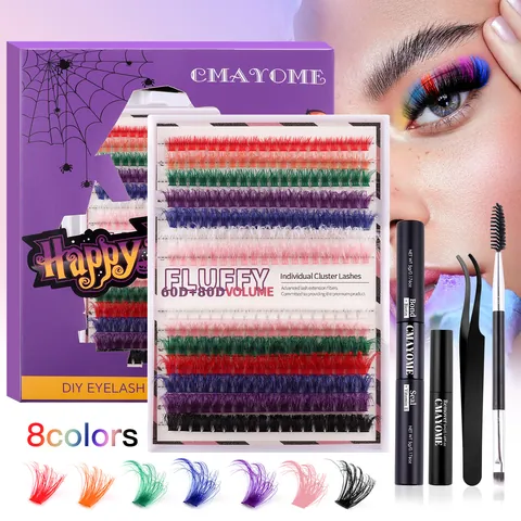 CMAYOME DIY Cluster Lashes Extension Kit Colored Halloween Style D Curl Volume Synthetic Fiber Eyelash Bond Seal Remover Tweezer Brush